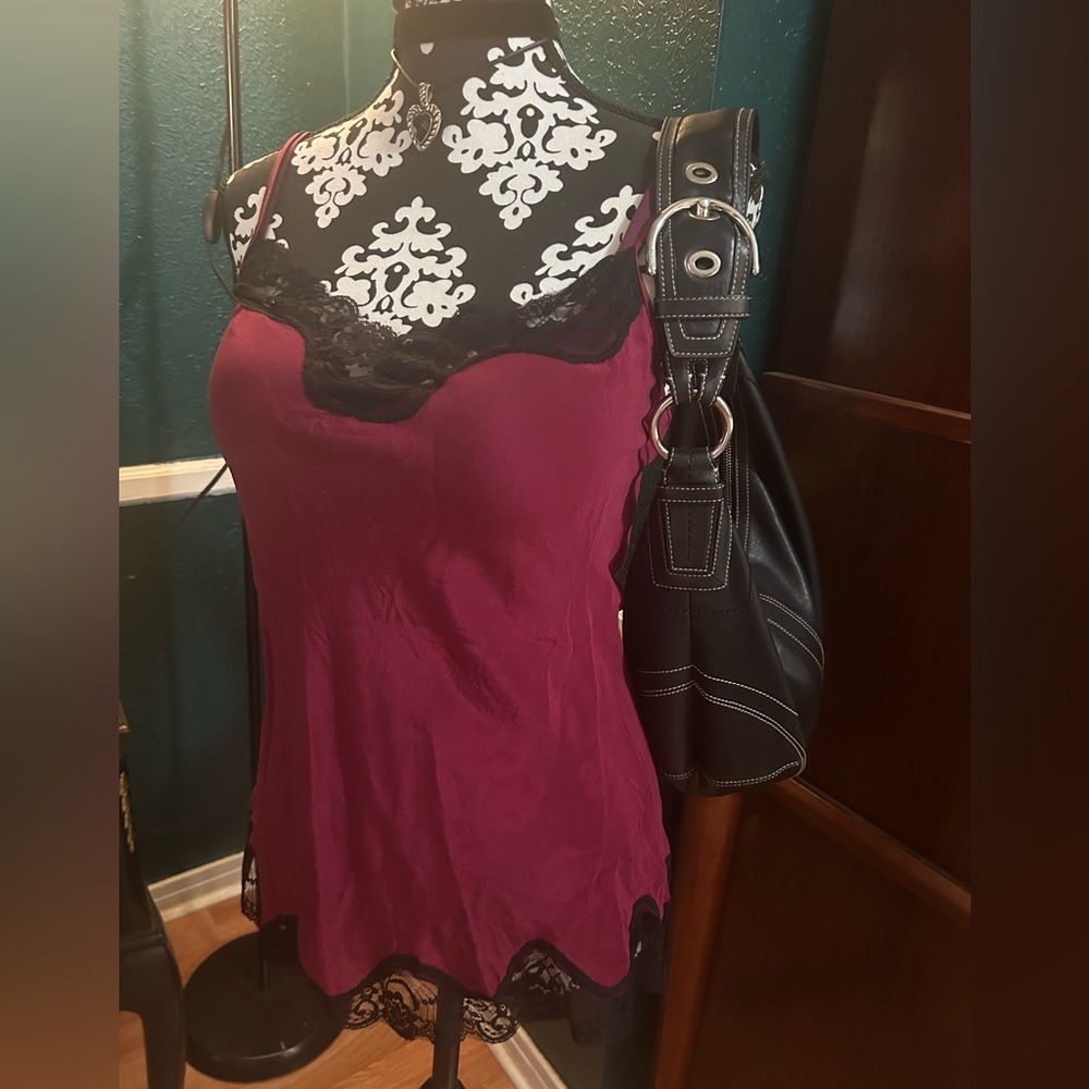 Linda Hartman Intimates Burgundy Camisole with Black Lace Trim